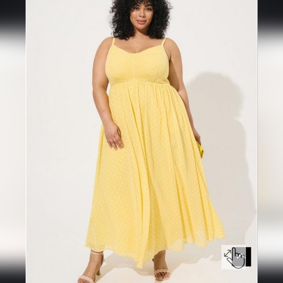 torrid Dresses & Skirts - NWT Torrid size 2x 18 20 yellow maxi chiffon pleated maxi dress with white dots